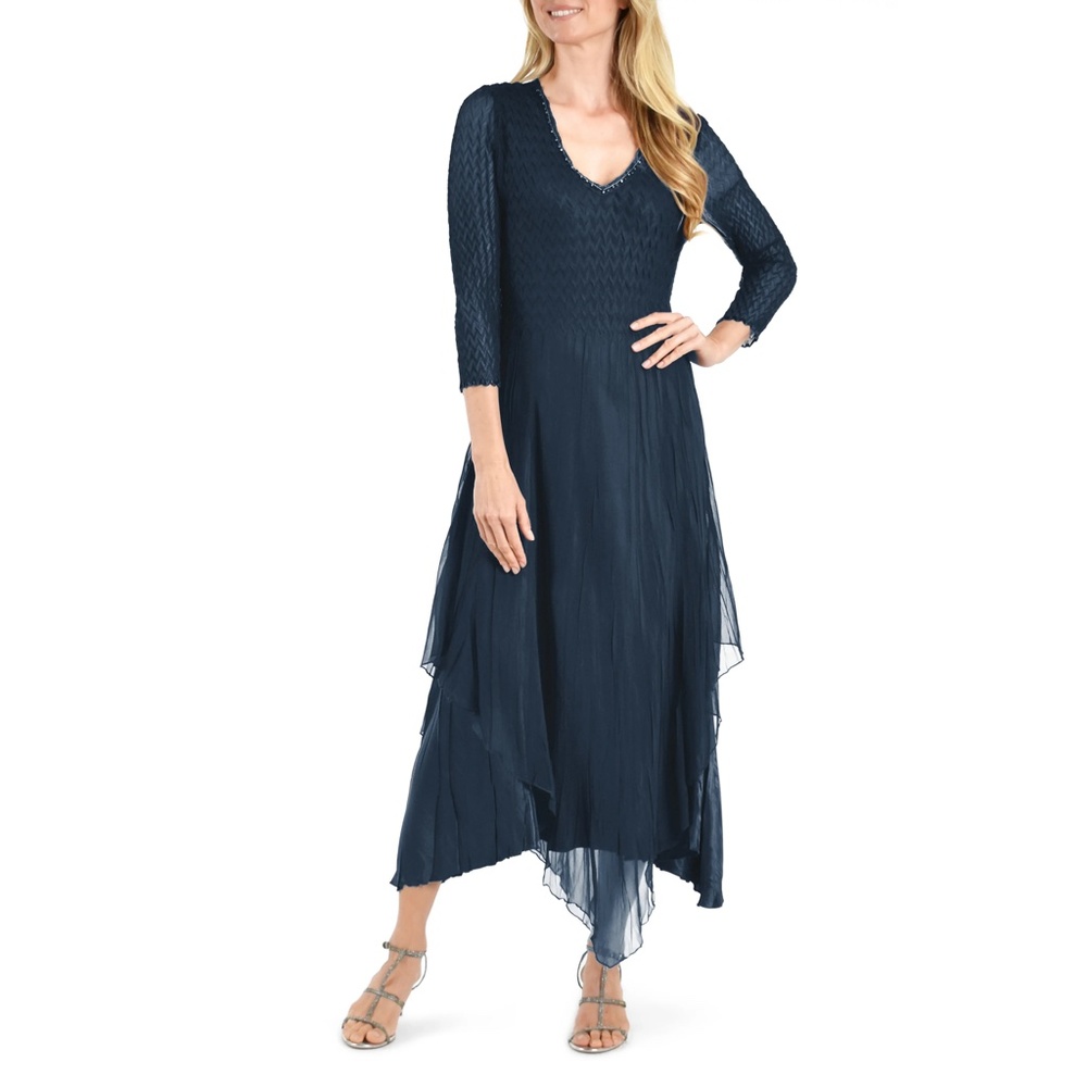 NEW Komarov Beaded V-Neck 3/4 Sleeve Chiffon Overlay Charmeuse Dress Medium Blue